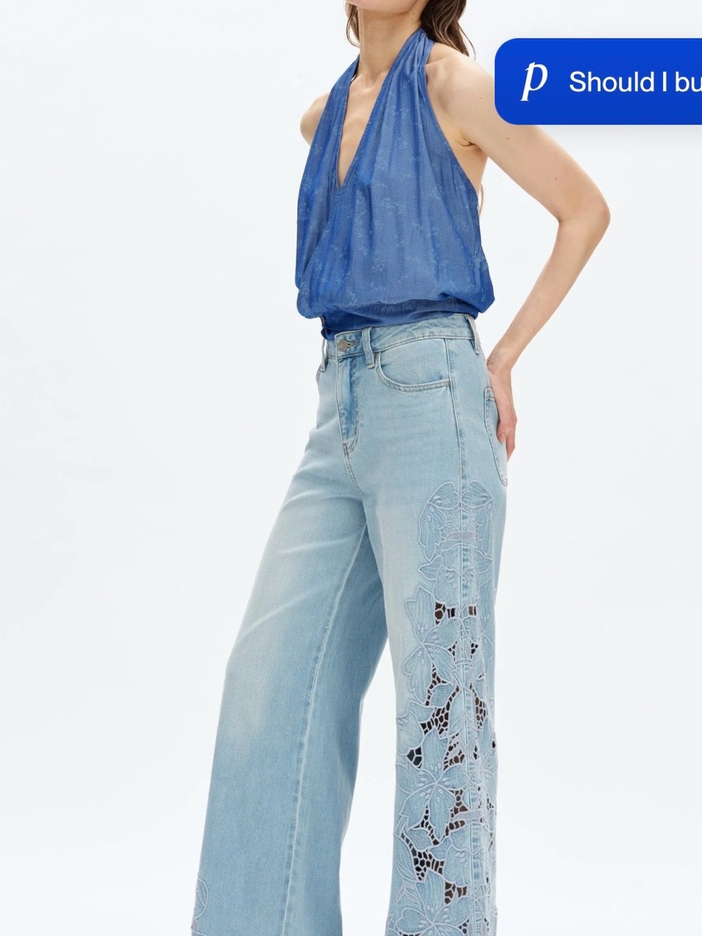 Light Blue Wide-Leg Embroidered Jeans - Women